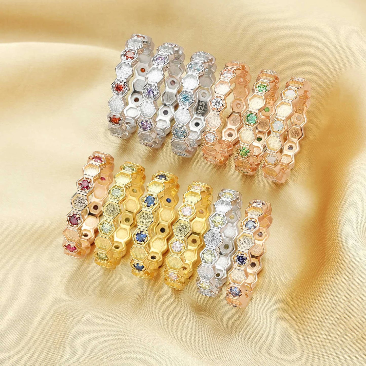 Full Band Hexagon Ring with Birthstones